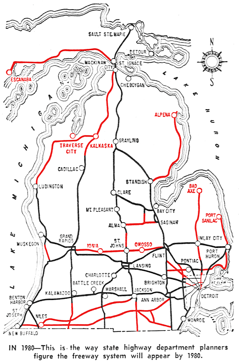 Projected 1980 Michigan Freeway System map, 1961