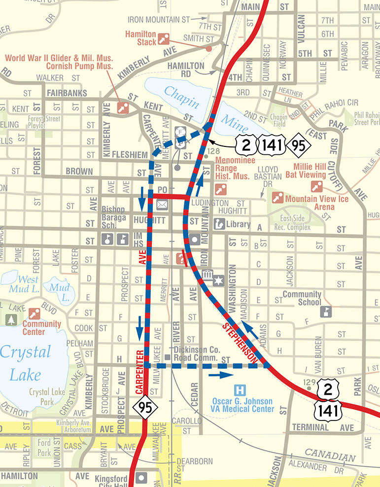 Iron Mountain Bypass Initial Downtown One-Way Pair Concept map, 1979