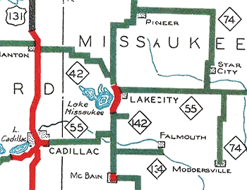 M-142 on a snippet of a 1932 Michigan State Highway Dept map