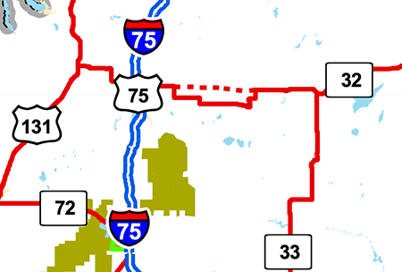 Snippet of FHWA NHS Map for Michigan showing proposed route of M-32 between Gaylord and Atlanta on the National Highway System