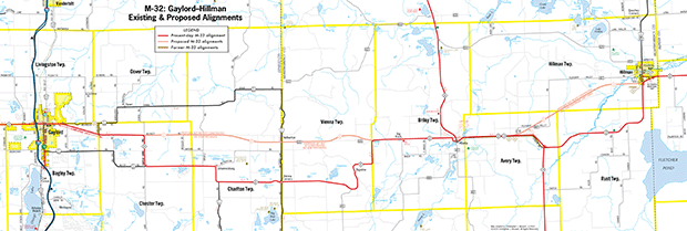 Map of proposed route for M-32 and M-33 in Montmorency County from the 1960s and the eventual routes constructed in the 1990s.