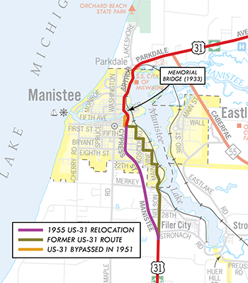 Manistee US-31 route relocations 1951-1955 map