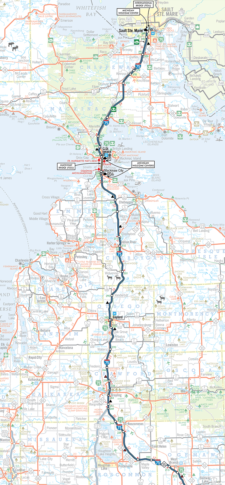 I-75 Route Map: North Portion (Sault Ste. Marie–West Branch)