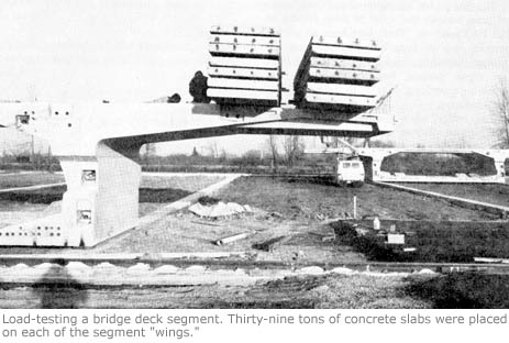 Load-testing a bridge deck segment. Thirty-nine tons of concrete slabs were placed on each of the segment 'wings.'