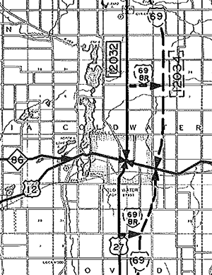 Map of Proposed BL I-69 at Coldwater from 1962 MSHD Control Section Atlas