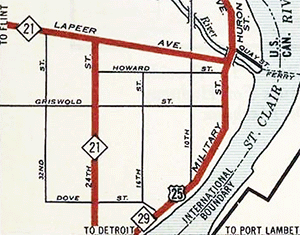M-21 in Port Huron on 1932 Michigan State Highway Dept map