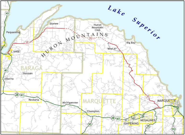 Map of M-35 through Huron Mountains