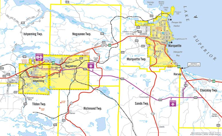 Map of Possible M-28 Reroute near Marquette