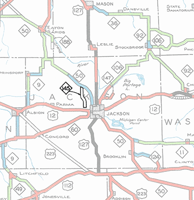 Proposed M-145 on a snippet of a 1938 Michigan State Highway Dept map